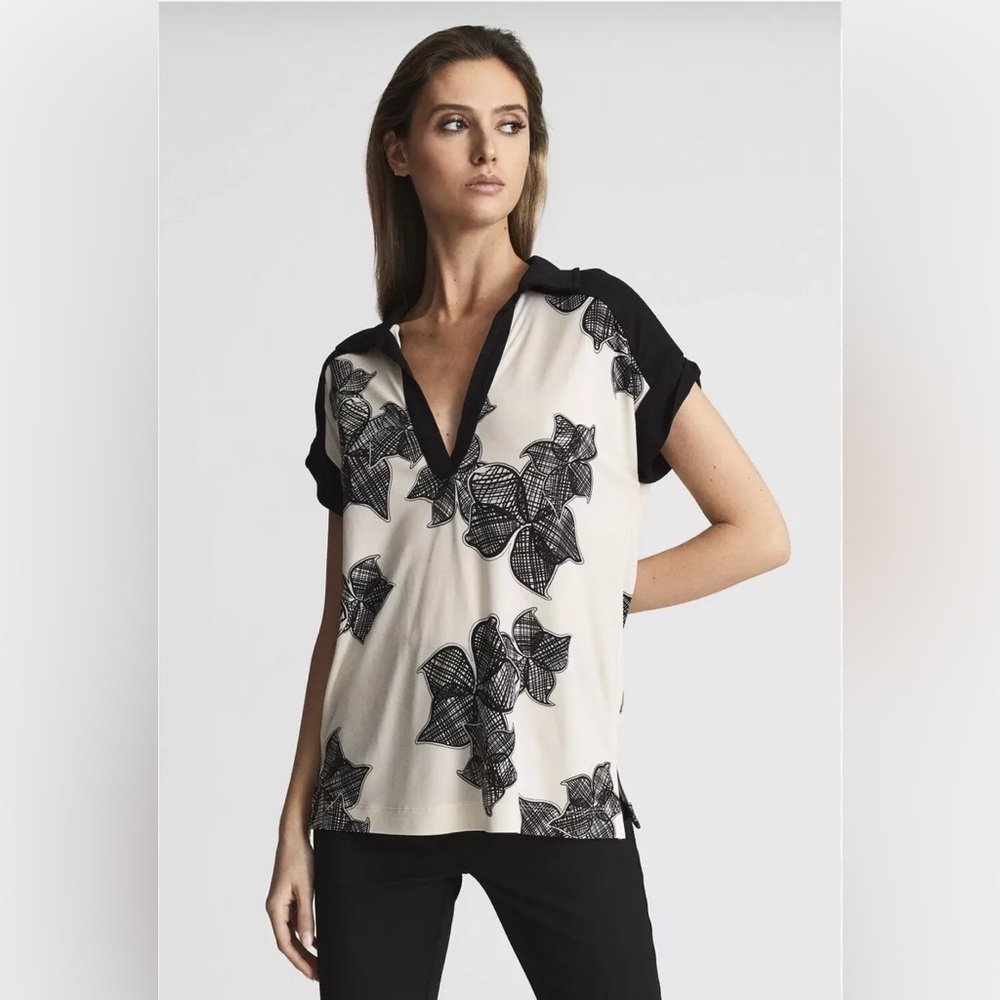 Reiss Daria Printed Open Collar Top Size Large